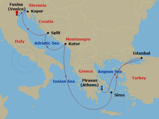 Route map: Piraeus (Athens) → Istanbul → Syros (Syra) → Kotor → Split → Koper → Fusina (Venice)