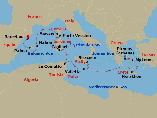 Route map: Athens (Piraeus) → Mykonos → Heraklion, (Crete) → Siracusa, Sicily → Valletta → La Goulette → Cagliari, Sardinia → Porto Vecchio, Corsica → Ajaccio, Corsica → Mahon, Menorca