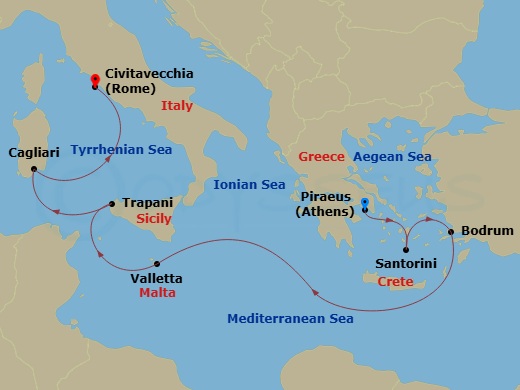 Route map: Athens (Piraeus) → Santorini → Bodrum → Valletta → Trapani → Cagliari (Sardinia) → Civitavecchia (Rome)