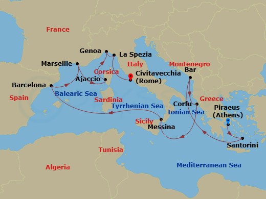 Route map: Athens (Piraeus), Greece → Santorini, Greece → Bar, Montenegro → Corfu, Greece → Sicily (Messina), Italy → Barcelona, Spain → Marseille (Provence), France → Corsica (Ajaccio), France → Genoa (for Cinque Terre), Italy → La Spezia (for Florence/Pisa),Italy