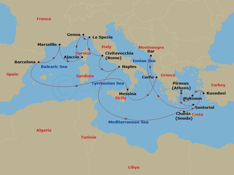 Route map: Athens (Piraeus), Greece → Santorini, Greece → Bar, Montenegro → Corfu, Greece → Sicily (Messina), Italy → Barcelona, Spain → Marseille (Provence), France → Corsica (Ajaccio), France → Genoa (for Cinque Terre), Italy → La Spezia (for Florence/Pisa),Italy