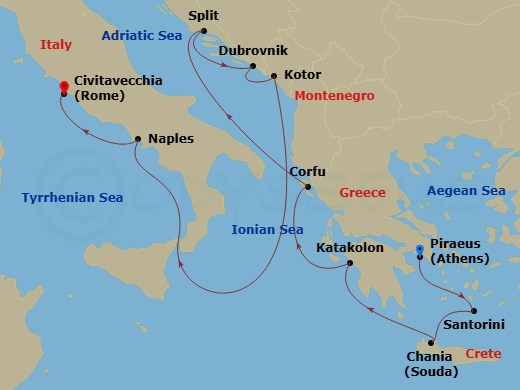 Route map: Athens (Piraeus), Greece → Santorini, Greece → Crete (Chania), Greece → Katakolon (for Olympia), Greece → Corfu, Greece → Split, Croatia → Dubrovnik, Croatia → Kotor, Montenegro → Naples, Italy (for Capri & Pompeii) → Civitavecchia (for Rome), Italy