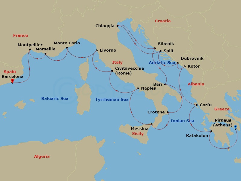 Route map: Athens (Piraeus) → Katakolon (Olympia) → Corfu (Kerkyra) → Kotor → Dubrovnik → Split → Venice (Chioggia) → Sibenik → Bari → Crotone