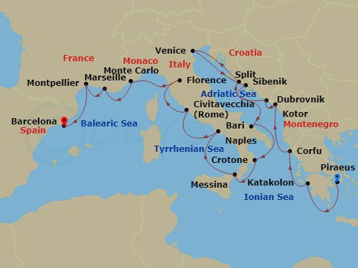 Route map: Athens (Piraeus) → Katakolon (Olympia) → Corfu (Kerkyra) → Kotor → Dubrovnik → Split → Venice → Sibenik → Bari → Crotone