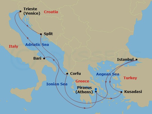 Route map: Piraeus (Athens) Greece → Kusadasi Turkey → Istanbul Turkey → Corfu Greece → Bari Italy → Trieste (Venice) Italy → Split Croatia → Piraeus (Athens) Greece