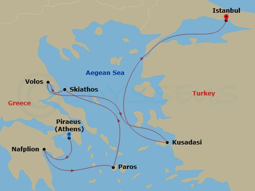 Route map: Piraeus (Athens) → Nafplion → Paros → Skiathos → Volos → Kusadasi → Istanbul