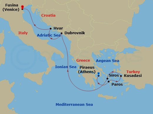 Route map: Piraeus (Athens) → Paros → Kusadasi → Syros (Syra) → Dubrovnik → Hvar → Fusina (Venice)