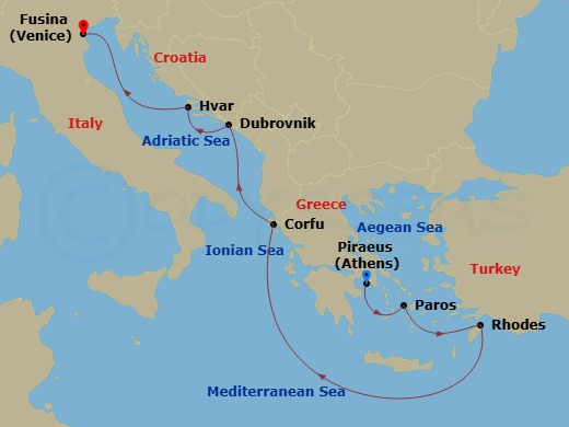 Route map: Piraeus (Athens) → Paros → Rhodes → Corfu → Dubrovnik → Hvar → Fusina (Venice)