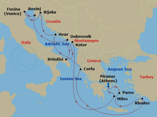 Route map: Piraeus (Athens) → Paros → Rhodes → Corfu → Hvar → Rijeka → Fusina (Venice) → Rovinj → Dubrovnik → Brindisi