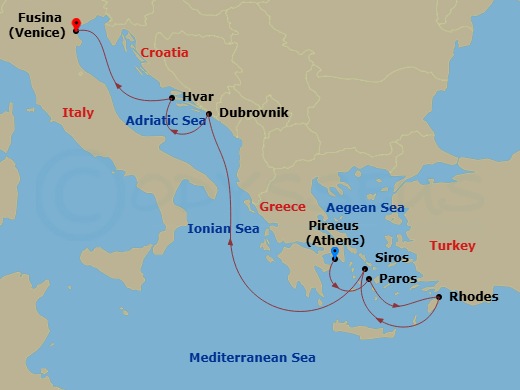 Route map: Piraeus (Athens) → Paros → Rhodes → Syros (Syra) → Dubrovnik → Hvar → Fusina (Venice)