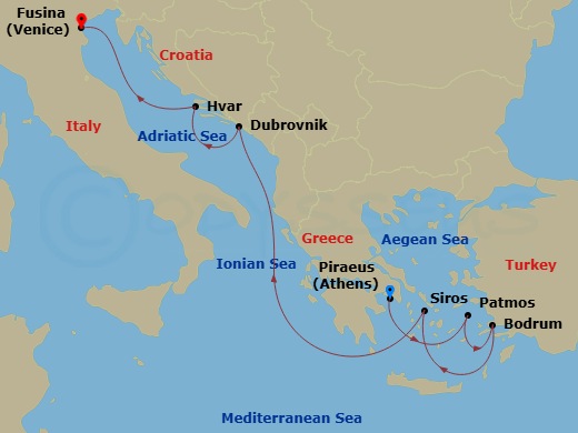 Route map: Piraeus (Athens) → Patmos → Bodrum → Syros (Syra) → Dubrovnik → Hvar → Fusina (Venice)