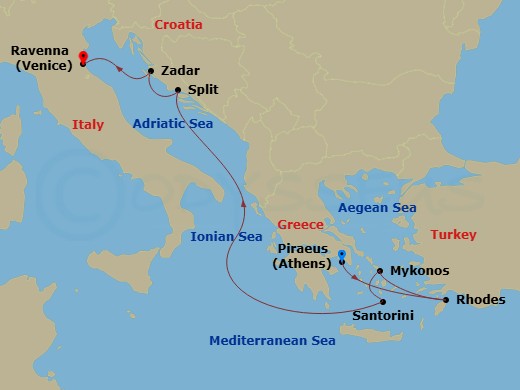 Route map: Athens (Piraeus), Greece → Rhodes, Greece → Mykonos, Greece → Santorini, Greece → Split, Croatia → Zadar, Croatia → Ravenna, Italy