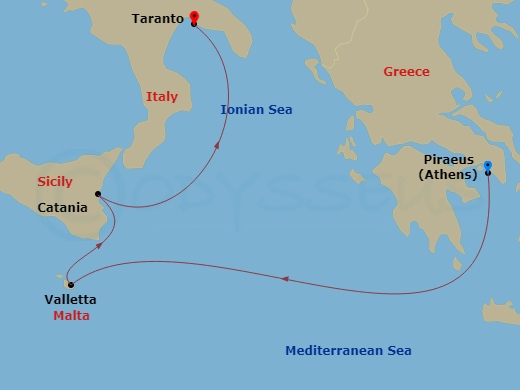 Route map: Piraeus (Athens) → MALTA LA VALLETTA → Catania → Taranto