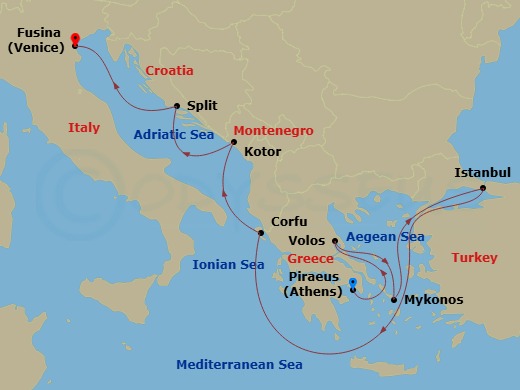 Route map: Piraeus (Athens) → Volos → Mykonos → Istanbul → Corfu → Kotor → Split → Fusina (Venice)