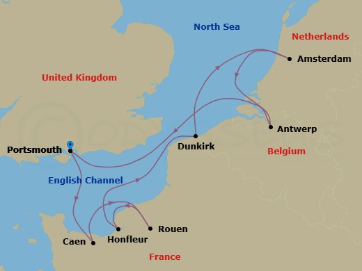 Route map: Portsmouth, England → Caen → Rouen (Paris) → Honfleur → Dunkirk → Amsterdam (Ijmuiden) → Antwerp → Portsmouth, England
