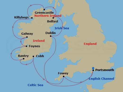 Route map: Portsmouth, England → Fowey → Cork (Cobh) → Bantry Harbour → Foynes → Galway → Donegal (Killybegs) → Greencastle, Northern Ireland → Belfast, Northern Ireland → Dublin (Dun Laoghaire)