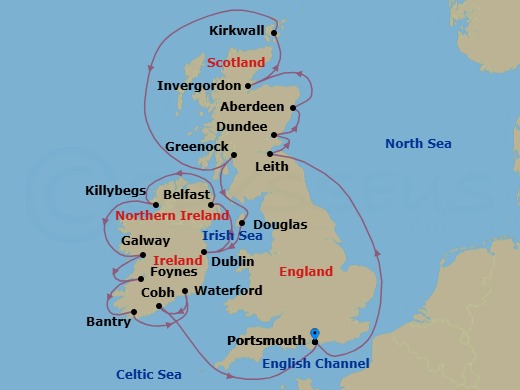 Route map: Portsmouth, England → Leith (Edinburgh), Scotland → Dundee, Scotland → Aberdeen, Scotland → Invergordon, Scotland → Kirkwall, Orkney Islands, Scotland → Glasgow (Greenock), Scotland → Douglas → Dublin → Belfast, Northern Ireland