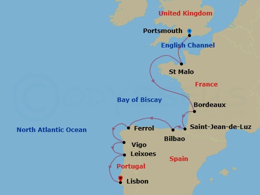 Route map: Portsmouth → St Malo → Bordeaux → St Jean-de-Luz (Biarritz), France → Bilbao → St Jean De Luz → Vigo → Leixoes → Lisbon