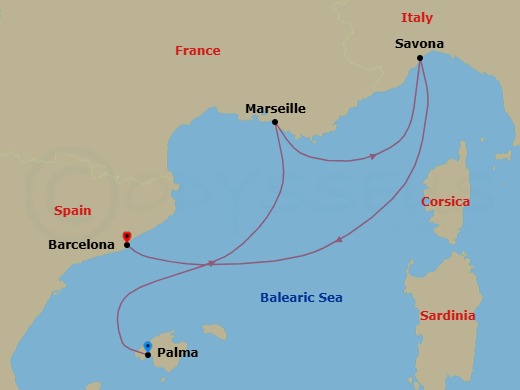 Route map: Palma De Mallorca (Spain) → Marseilles (France) → Savona (Italy) → Barcelona (Spain)