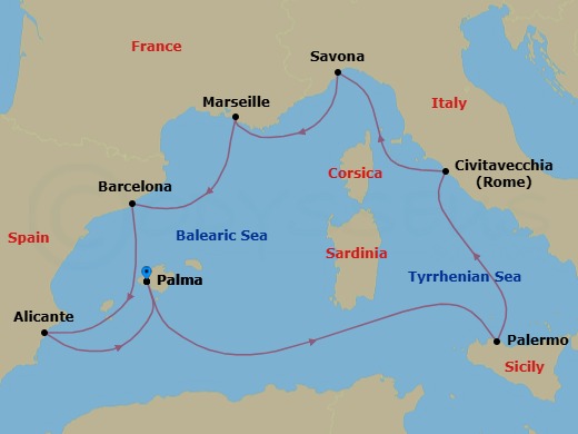 Route map: PALMA DE MALLORCA → Palermo → Civitavecchia (Rome) → Savona → Marseille → Barcelona → Alicante → PALMA DE MALLORCA