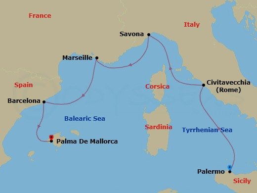 Route map: Palermo → Civitavecchia (Rome) → Savona → Marseille → Barcelona → PALMA DE MALLORCA