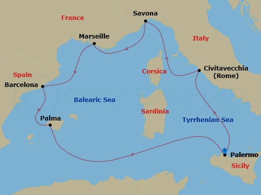 Route map: Palermo (Sicily) → Civitavecchia | Rome → Savona (Italy) → Marseille (France) → Barcelona (Spain) → Balearic Sea Darkest Spot → Palma De Mallorca (Spain) → Palermo (Sicily)