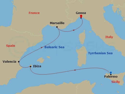 Route map: Palermo (Monreale) Italy → Ibiza (Baleari Is.) Spain → Valencia Spain → Marseille (Provence) France → Genoa (Portofino) Italy