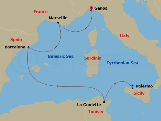 Route map: Palermo (Monreale) Italy → La Goulette Tunisia → Barcelona Spain → Marseille (Provence) France → Genoa (Portofino) Italy