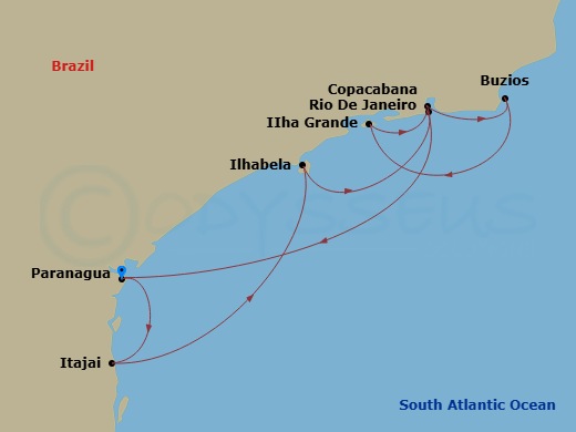 Route map: Santos (Sao Paulo) Brazil → Buzios Brazil → Salvador Brazil → Copacabana (Rio de Jainero) Brazil → Ilhabela Brazil → Santos (Sao Paulo) Brazil