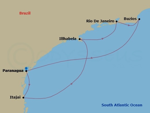 Route map: Paranagua Brazil → Itajai Brazil → Ilhabela Brazil → Rio de Janeiro Brazil → Buzios Brazil → Paranagua Brazil