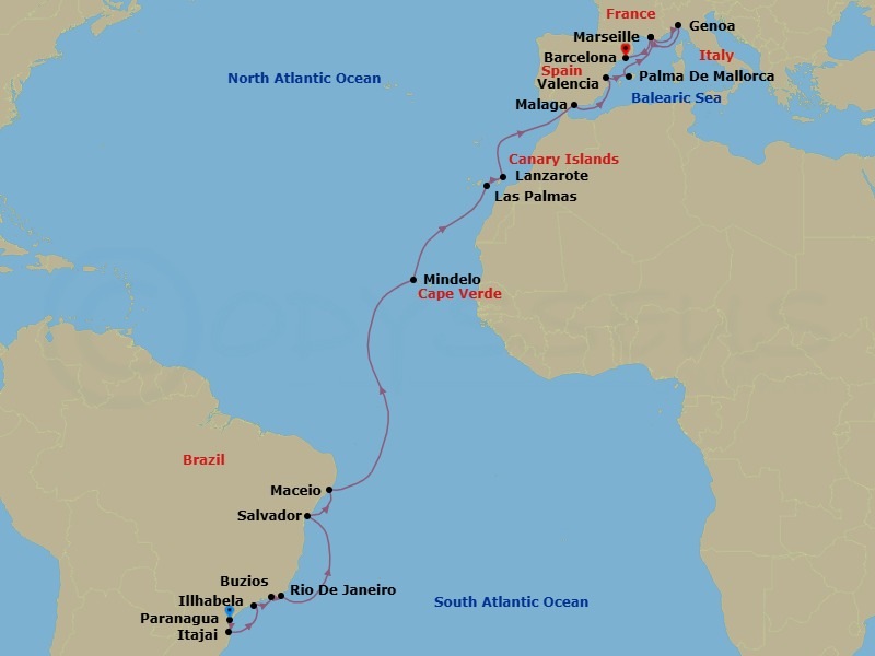 Route map: Paranagua → Itajai → Illhabela → Rio De Janeiro → Buzios → Salvador → Maceio → Mindelo → Las Palmas → Lanzarote