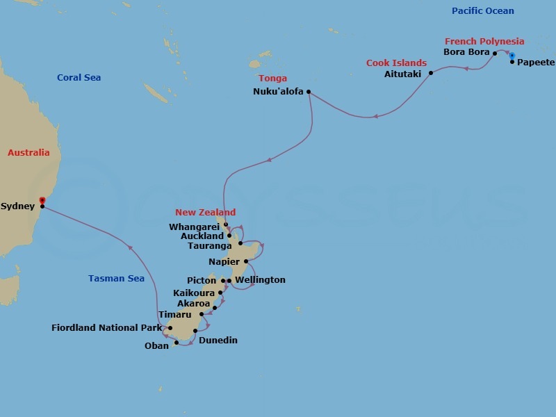 Route map: Papeete, French Polynesia → Bahia d Opunoha, Moorea, French Polynesia → Bora Bora, French Polynesia → Aitutaki, Cook Islands → Cross International Dateline → Nuku Alofa, Tonga → Whangarei, New Zealand → Auckland, New Zealand → Tauranga (Rotorua), New Zealand → Napier, New Zealand