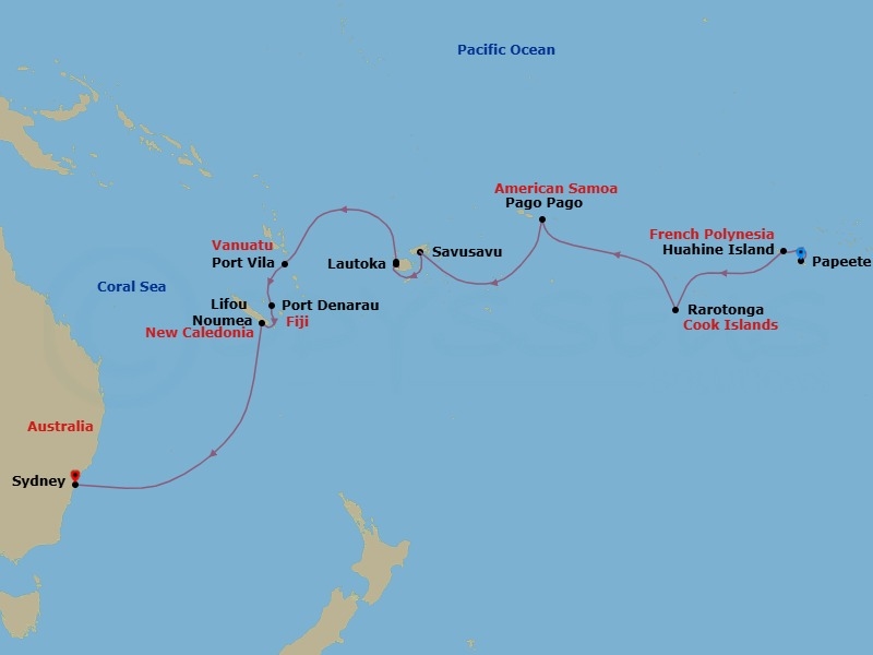 Route map: Papeete (Tahiti) → Huahine → Rarotonga → Pago Pago → Crossing The International Date Line → Savusavu → Port Denarau → Lautoka → Port Vila (Efate) → Lifou Island