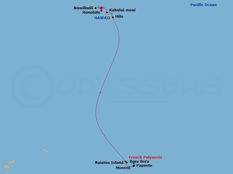 Route map: Papeete, French Polynesia → Moorea, French Polynesia → Raiatea, French Polynesia → Bora Bora, French Polynesia → Hilo, Hi → Kahului  Maui, Hi → Nawiliwili  Kauai, Hi → Honolulu, Hi