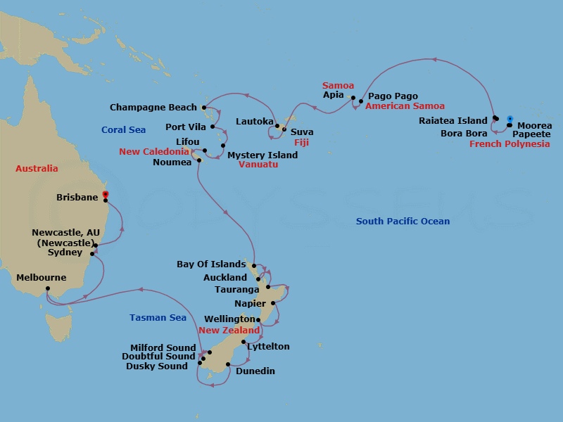 Route map: Papeete → Moorea → Raiatea Island → Bora Bora → Pago Pago → Apia → Suva → Lautoka → Port Vila → Mystery Island