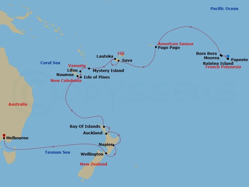 Route map: Papeete (Tahiti) → Moorea Island → Raiatea → Bora Bora (Society Islands) → Pago Pago → Date Line lose a day → Suva → Lautoka → Mystery Island, Anelghowhat → Lifou