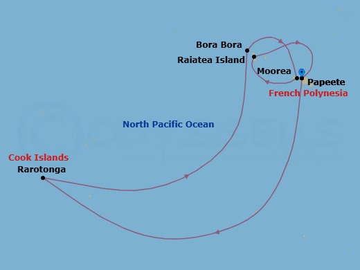Route map: Papeete, French Polynesia → Rarotonga, Cook Islands → Bora Bora, French Polynesia → Moorea, French Polynesia → Raiatea, French Polynesia → Papeete, French Polynesia