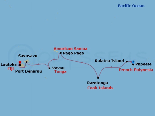Route map: Papeete (Tahiti) → Raiatea → Rarotonga → Pago Pago → Crossing The International Date Line → Vavau (Neiafu) → Savusavu → Port Denarau → Lautoka