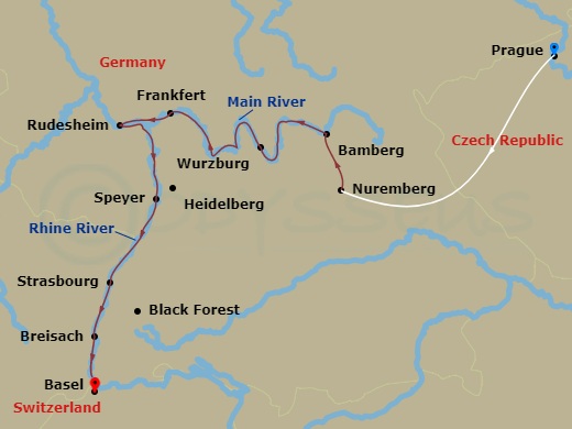 Route map: Prague, Czech Republic → Prague → Prague-Nuremberg, Germany (Embarkation) → Nuremberg → Bamberg → Wurzburg → Miltenberg → Frankfurt Excursion To Rudesheim → Speyer Excursion To Heidelberg → Strasbourg, France