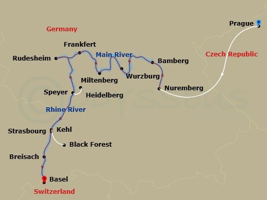 Route map: Prague, Czech Republic → Prague → Prague-Nuremberg, Germany (Embarkation) → Nuremberg → Bamberg → Wurzburg → Miltenberg → Frankfurt Excursion To Rudesheim → Speyer Excursion To Heidelberg → Kehl Excursion To Strasbourg, France