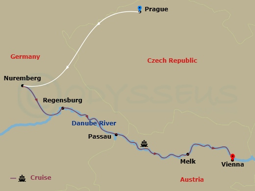 Route map: Prague, Czech Republic → Prague → Prague-Nuremberg, Germany (Embarkation) → Nuremberg → Regensburg → Passau → Melk, Austria → Vienna → Vienna (Disembarkation)