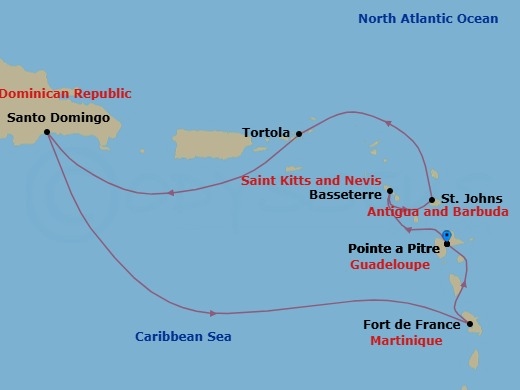 Route map: Pointe-a-Pitre → Basseterre (Saint Kitts) → St Johns (Antigua) → Road Habour (Tortola) → Santo Domingo → Fort-de-France → Pointe-a-Pitre