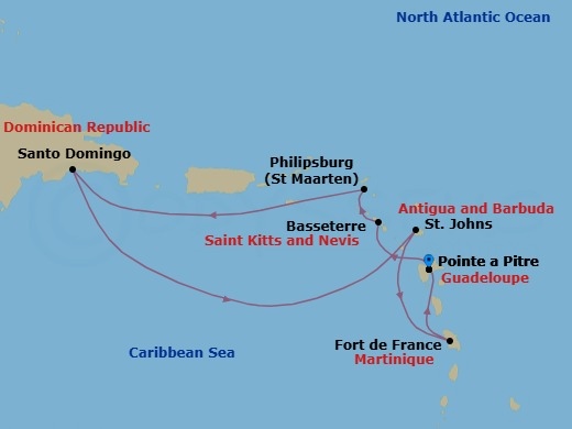 Route map: Pointe-a-Pitre → Basseterre (Saint Kitts) → Philipsburg → Santo Domingo → St Johns (Antigua) → Fort-de-France → Pointe-a-Pitre