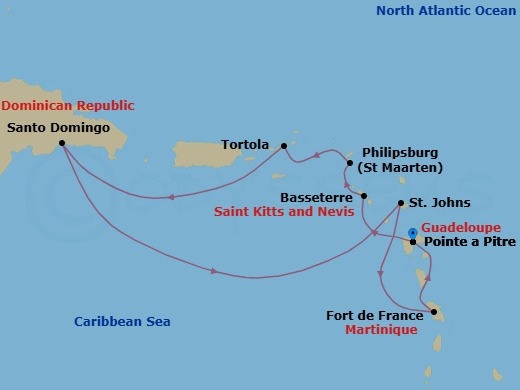 Route map: Pointe-a-Pitre → Basseterre (Saint Kitts) → Philipsburg → Road Habour (Tortola) → Santo Domingo → St Johns (Antigua) → Fort-de-France → Pointe-a-Pitre