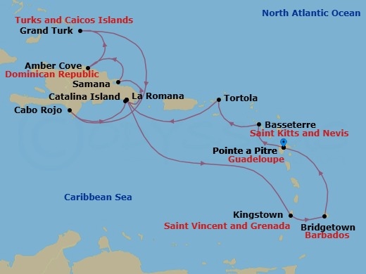 Route map: Pointe-a-Pitre → Basseterre (Saint Kitts) → Road Habour (Tortola) → La Romana → Catalina Island → Arroyo Barril (Samana) → AMBER COVE (REPDOM) → Grand Turks → Cabo Rojo → La Romana
