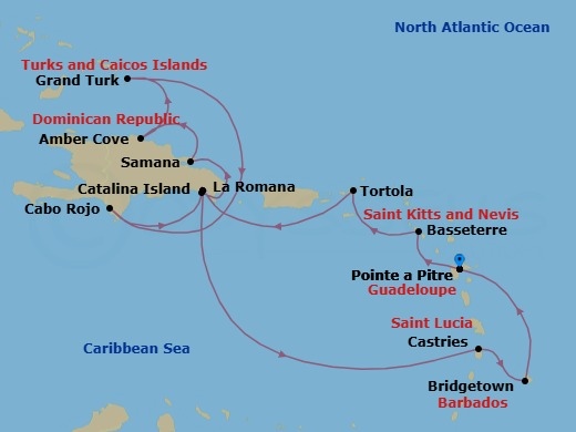 Route map: Pointe-a-Pitre → Basseterre (Saint Kitts) → Road Habour (Tortola) → La Romana → Catalina Island → Arroyo Barril (Samana) → AMBER COVE (REPDOM) → Grand Turks → Cabo Rojo → La Romana