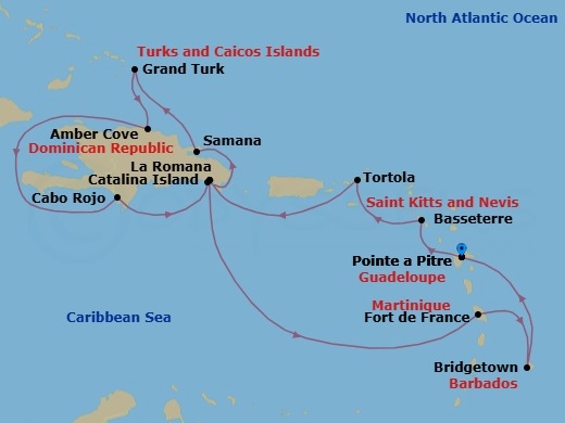 Route map: Pointe-a-Pitre → Basseterre (Saint Kitts) → Road Habour (Tortola) → La Romana → Catalina Island → Arroyo Barril (Samana) → Grand Turks → AMBER COVE (REPDOM) → Cabo Rojo → La Romana
