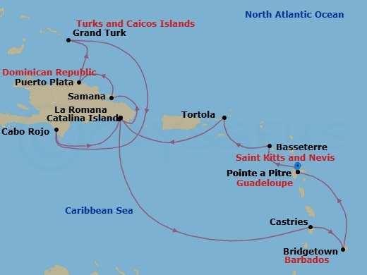 Route map: Pointe-a-Pitre → Basseterre (Saint Kitts) → Road Habour (Tortola) → La Romana → Catalina Island → Arroyo Barril (Samana) → PUERTO PLATA → Grand Turks → Cabo Rojo → La Romana