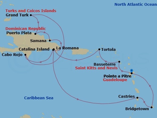 Route map: Pointe-a-Pitre → Basseterre (Saint Kitts) → Road Habour (Tortola) → La Romana → Catalina Island → Cabo Rojo → Grand Turks → PUERTO PLATA → Arroyo Barril (Samana) → La Romana