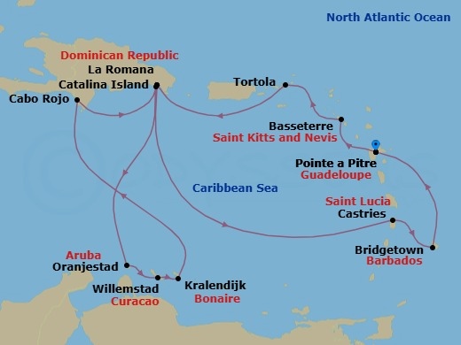 Route map: Pointe-a-Pitre → Basseterre (Saint Kitts) → Road Habour (Tortola) → La Romana → Catalina Island → ARUBA Oranjestad → CURACAO Willemstad → Kralendijk → Cabo Rojo → La Romana